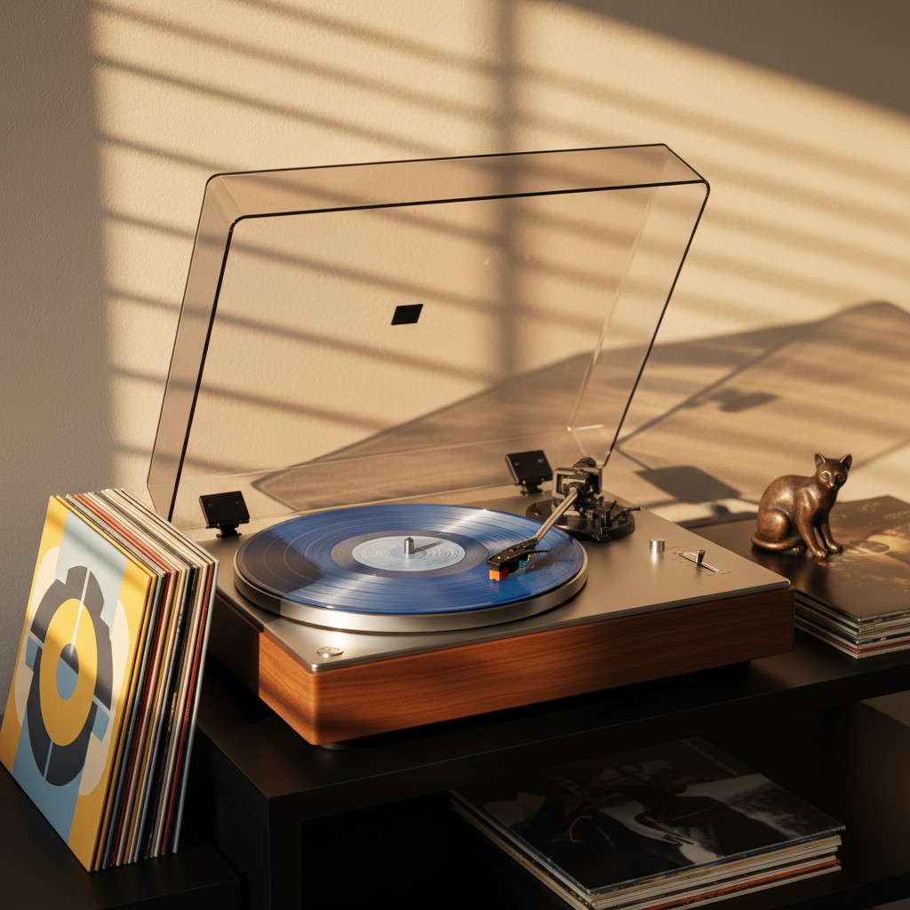 A vinyl record player sits on a black shelf against a white wall. The recorder is made of wood and grey metal and plays a ...