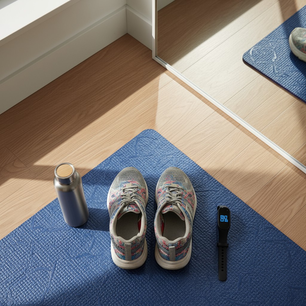 A pair of grey sneakers with colourful accents, a grey water bottle, a black fitness tracker with digital blue numbers, an...