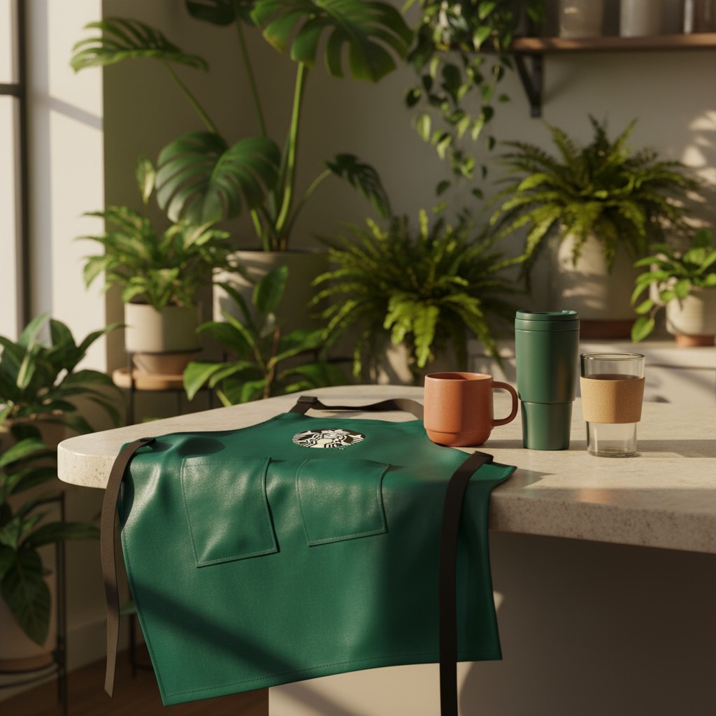 Green apron with a Starbucks logo sits on a grey table next to a brown and green mug and glass with a brown sleeve.