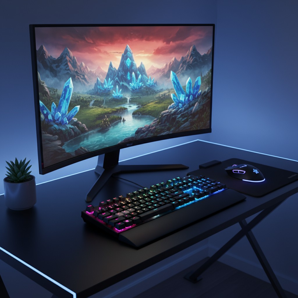 A modern desk corner setup with a large monitor, gaming keyboard, and computer mouse, set against a dark blue room backdro...